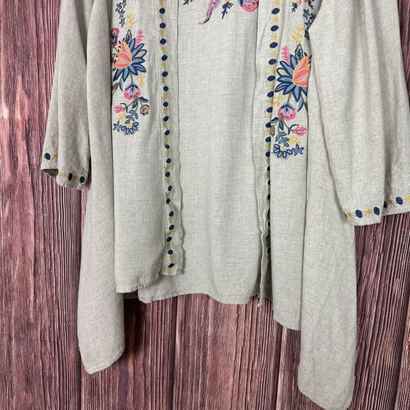 Paparazzi Womens Kimono Jacket Embroidered Open Front Beige Linen Blend Size XL - Picture 4 of 8